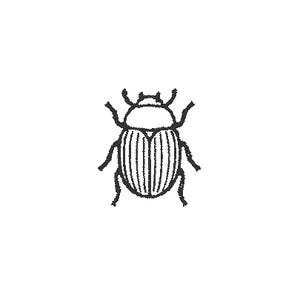 May include: A black and white line art illustration of a beetle. The insect is depicted from a top-down perspective, featuring a rounded body with vertical striations on the wing covers, a distinct head segment, and six symmetrical legs.