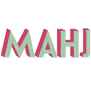 May include: Embroidered text spelling out the word "MAHJ" in a 3D style. The letters are light green with a red outline, creating a layered effect. The image is set against a plain white background.