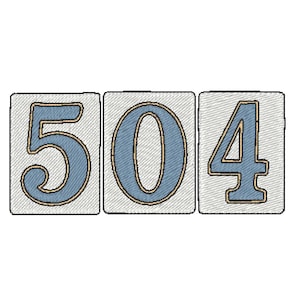 May include: Embroidered design featuring the number "504" in a blue color with a gold outline. Each number is on a separate square, with a light gray background and a textured appearance.
