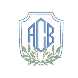 Puede incluir: Un monograma azul con las letras ACB en forma de escudo con un diseño de hojas verdes en la parte inferior.