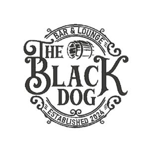May include: Black and white logo for a bar and lounge called "The Black Dog" established in 2024. The logo features a stylized image of a dog's head with a barrel behind it.