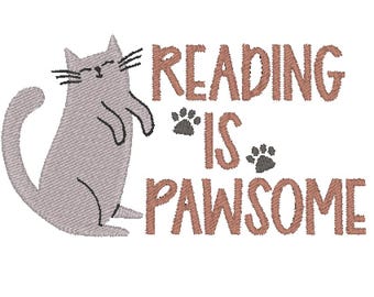 Reading Is Pawsome Cat Book Lover Bookish Embroidery Design MULTIPLE SIZES (Instant Download)