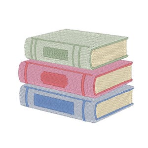 May include: A stack of three embroidered books in pastel colors. The top book is light green, the middle is pink, and the bottom is light blue. Each book has a rectangular label on the cover and a beige-colored page edge.