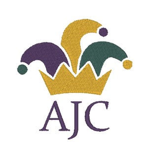 May include: Embroidered design of a jester's hat in gold, purple, and green, with the initials "AJC" in purple beneath. The hat has three points with small pom-poms. The design is set against a white background.