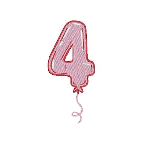 May include: A pink number four balloon with a red outline and a white highlight. The balloon has a string attached to the bottom. The balloon is a decorative element for a birthday or celebration.