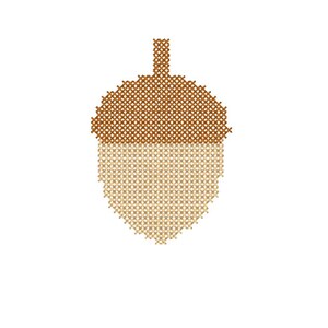 May include: A cross-stitch pattern of an acorn featuring a dark brown cap with a small stem and a light beige nut. The design is composed of a grid of small X-shaped stitches, creating a textured appearance for the nut and the cap.