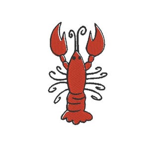 May include: A red cartoon lobster with black outlines and curled antennae.