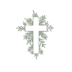 May include: A white cross outlined against a background of green leafy branches.