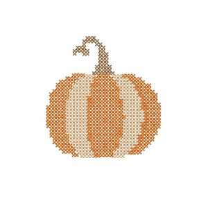 May include: A cross-stitch pattern of a pumpkin featuring alternating vertical stripes of orange and light beige. The pumpkin has a brown stem at the top, and the entire design is composed of small, uniform X-shaped stitches on a white background.