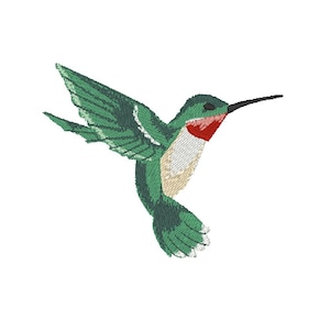 May include: Embroidered image of a hummingbird in flight. The bird has green wings and body, a red throat, and a long black beak. The hummingbird is set against a white background.