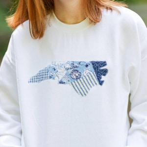 Chapel Hill North Carolina Patchwork Crewneck | Licensed Fabric | Blue White | College Sweatshirt | Embroidered Hoodie | State Outline NC