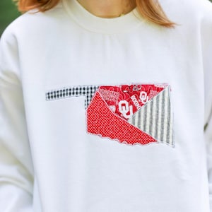 Norman Oklahoma Patchwork Crewneck | Licensed Fabric | Red Black White | College Embroidery Sweatshirt | Hoodies | Handmade College Oklahoma