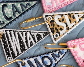 Personalized Pennant Embroidered Bag Charm | Custom Initial Keychain | Gold Carabiner | Heirloom-Style Gift | Luggage Tag | Key Ring