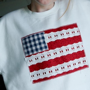 American Flag Hand Stitched Quilted Crewneck Sweatshirt | Patchwork Red White and Blue Fourth of July USA Summer American Patriotic Hoodie