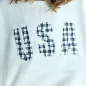 USA Quilted Crewneck | Embroidered Sweatshirt | Patchwork Navy Blue and White Gingham Fabric | Fourth of July USA American Patriotic Hoodie