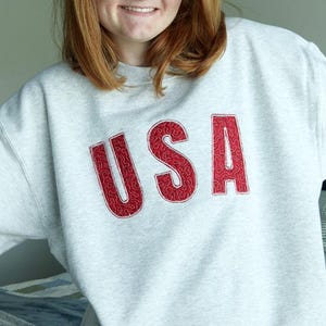 USA Quilted Crewneck | Embroidered Sweatshirt | Patchwork Red Fabric | Fourth of July USA American Patriotic Hoodie | Memorial Day | America