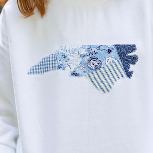Chapel Hill North Carolina Patchwork Crewneck | Licensed Fabric | Blue White | College Sweatshirt | Embroidered Hoodie | State Outline NC image 4