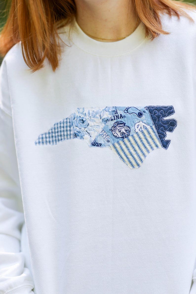 Chapel Hill North Carolina Patchwork Crewneck | Licensed Fabric | Blue White | College Sweatshirt | Embroidered Hoodie | State Outline NC image 4