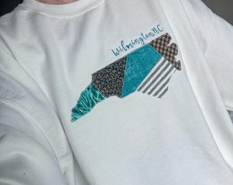 Wilmington North Carolina Patchwork Crewneck | Licensed Fabric | Teal Gold | College Sweatshirt | Embroidered Hoodie | State Outline NC
