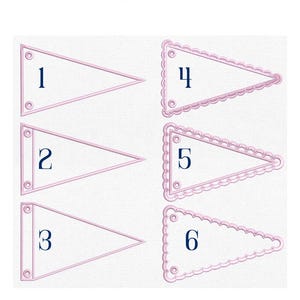 May include: Six light pink pennant flags are shown, each with a dark blue number from 1 to 6. The flags have a dark blue outline. The text "PENNANT FLAG" is at the top in dark blue.