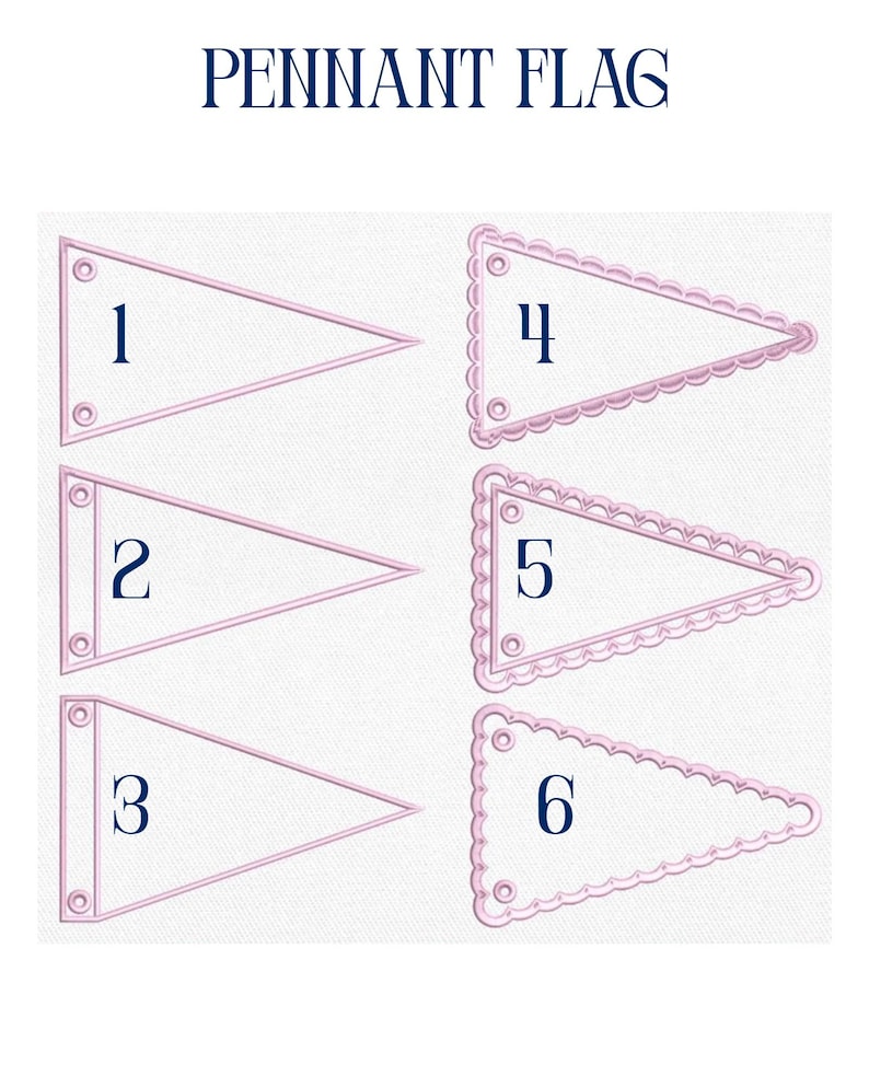May include: Six light pink pennant flags are shown, each with a dark blue number from 1 to 6. The flags have a dark blue outline. The text "PENNANT FLAG" is at the top in dark blue.