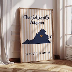 Charlottesville Virginia Digital Print | Dorm Room Decor | Orange Navy Dukes | Stripes | VA Universities | Instant Download | Wall Art |