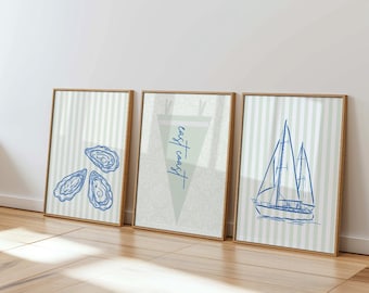 Impressões costeiras em verde, azul e branco | Conjunto de três | Impressões digitais | Costa Leste | Decoração de apartamento universitário | Decoração de dormitório | Listras | Decoração de parede