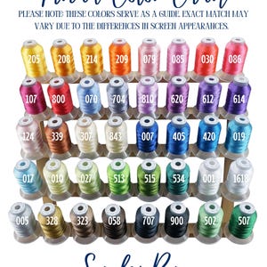 May include: A thread colour chart displaying numerous thread spools in a spectrum of hues, such as yellow, orange, pink, purple, blue, green, and brown. The chart features the text "Thread Colour Chart" and "Saylor Rae".