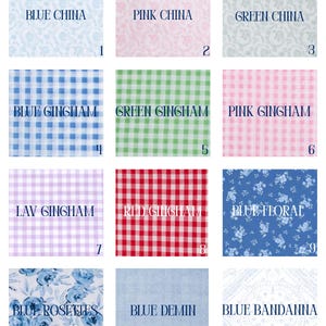 May include: A selection of fabric samples showcasing diverse patterns and colours. The swatches feature floral, gingham, and plain designs in blue, pink, green, and red hues. Each sample is labelled with its pattern name.