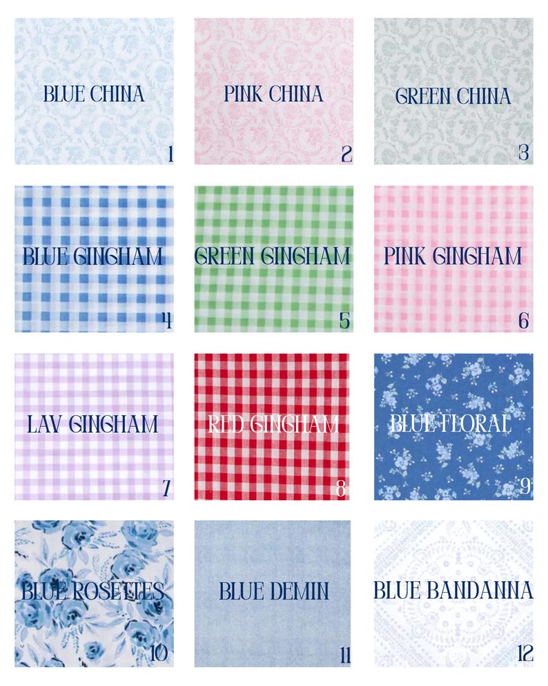 May include: A selection of fabric samples showcasing diverse patterns and colours. The swatches feature floral, gingham, and plain designs in blue, pink, green, and red hues. Each sample is labelled with its pattern name.