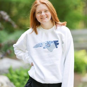 Chapel Hill North Carolina Patchwork Crewneck | Licensed Fabric | Blue White | College Sweatshirt | Embroidered Hoodie | State Outline NC image 2