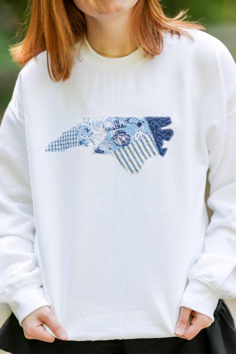 Chapel Hill North Carolina Patchwork Crewneck | Licensed Fabric | Blue White | College Sweatshirt | Embroidered Hoodie | State Outline NC image 1