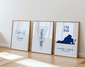 Impressões digitais personalizadas para o litoral | Conjunto personalizado com 3 impressões de parede | Pôsteres para dormitórios universitários | Arte digital para parede | Impressões universitárias personalizadas