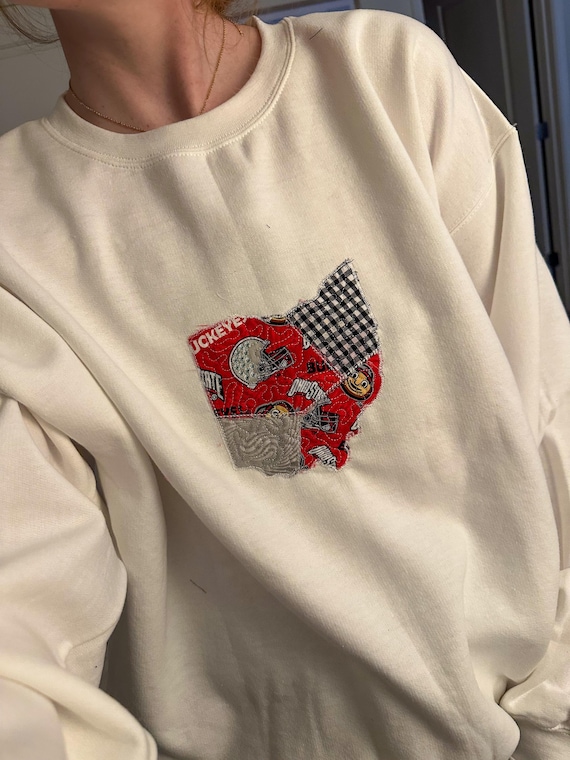 Columbus Ohio Patchwork Crewneck | Licensed Fabric | Red Black White | College Sweatshirts | Hoodie | Handmade | State Outline Shape of Ohio