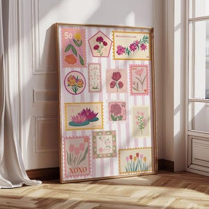 Estampa Floral Listras Rosa e Brancas Impressão Digital | Flores | Livro de Estampas | Decoração de Apartamento | Arte de Parede Digital | Arte de Decoração de Dormitório Universitário | Faculdade