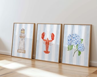 Blauwwitte kustprints | Set van drie kunst | Digitale afdrukken | Oostkust | Inrichting universiteitsappartement | Slaapzaaldecoratie | Strepen | Wanddecoratie