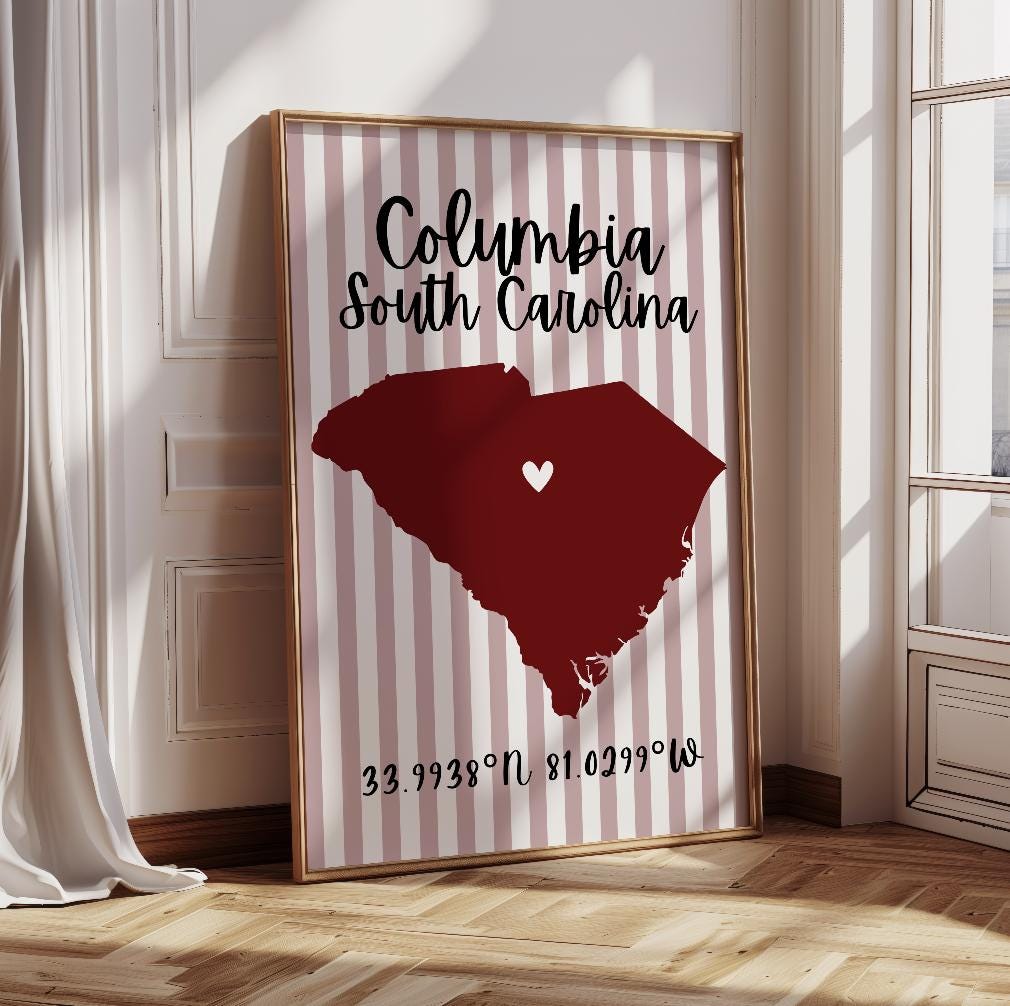 Columbia South Carolina Digital Print | Dorm Room Decor | Maroon White | Stripes | College Town | Instant Download Wall Art | South Carolina