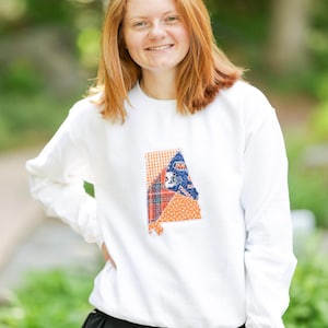 Sudadera con cuello redondo y patchwork de Auburn, Alabama, tela con licencia, naranja y azul marino, bordado universitario, sudadera con capucha, hecha a mano, de la universidad de Alabama
