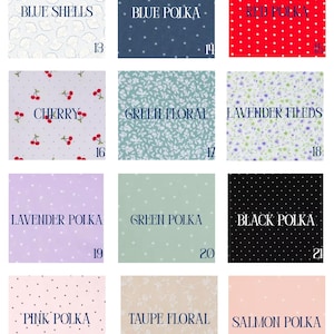 May include: A selection of fabric swatches showcasing diverse patterns and colours. Designs feature blue shells, polka dots in blue, red, black, pink, and salmon, floral patterns in green and taupe, cherry print, and lavender fields. Each swatch is numbered.
