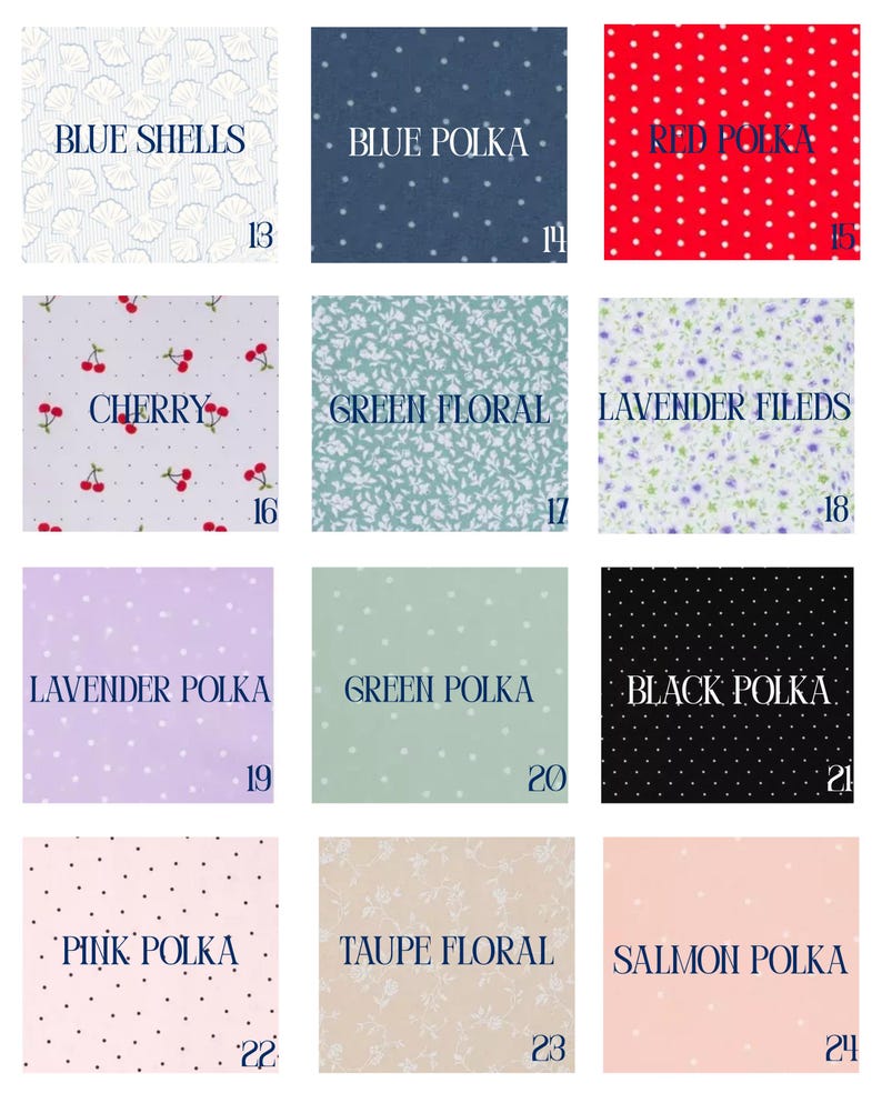 May include: A selection of fabric swatches showcasing diverse patterns and colours. Designs feature blue shells, polka dots in blue, red, black, pink, and salmon, floral patterns in green and taupe, cherry print, and lavender fields. Each swatch is numbered.