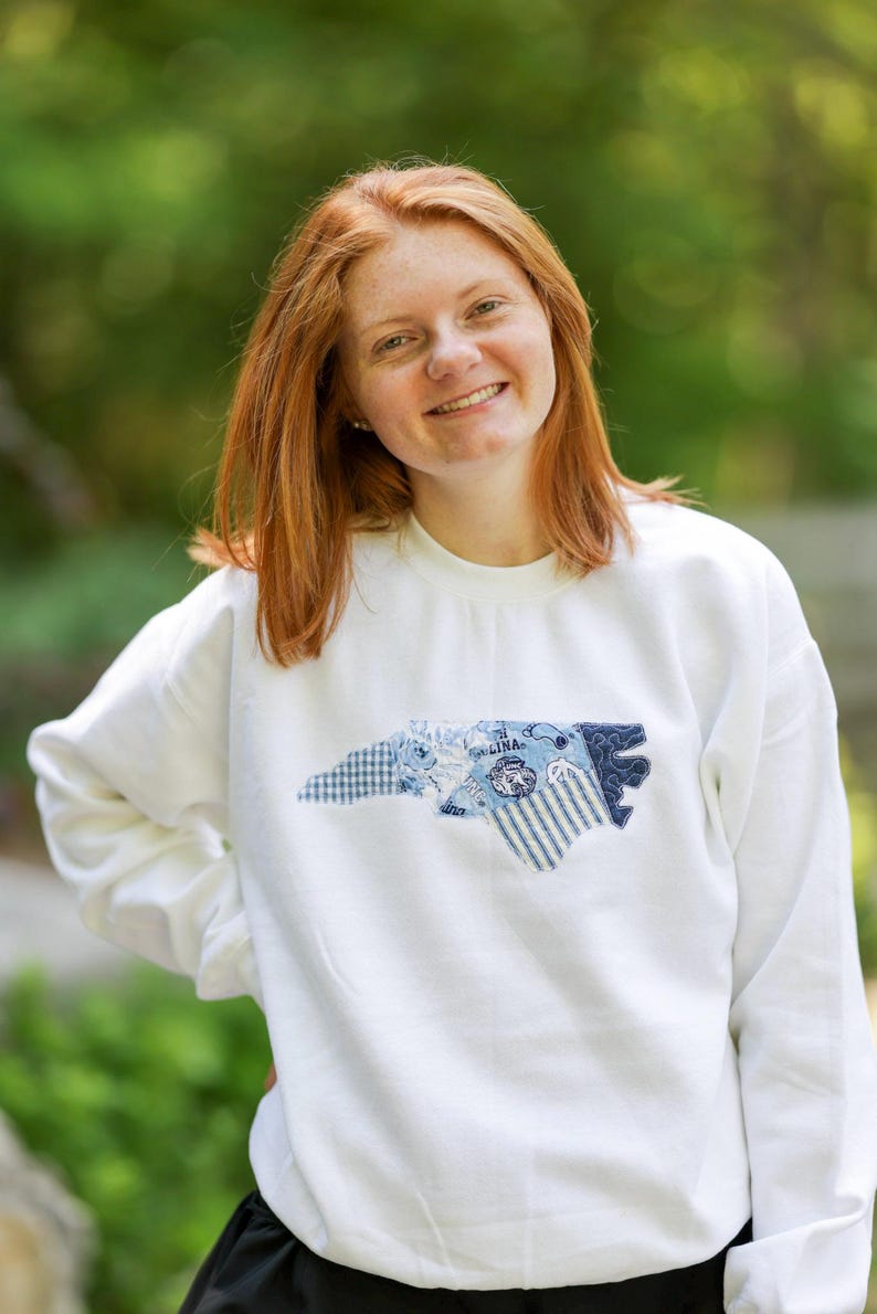 Chapel Hill North Carolina Patchwork Crewneck | Licensed Fabric | Blue White | College Sweatshirt | Embroidered Hoodie | State Outline NC image 3