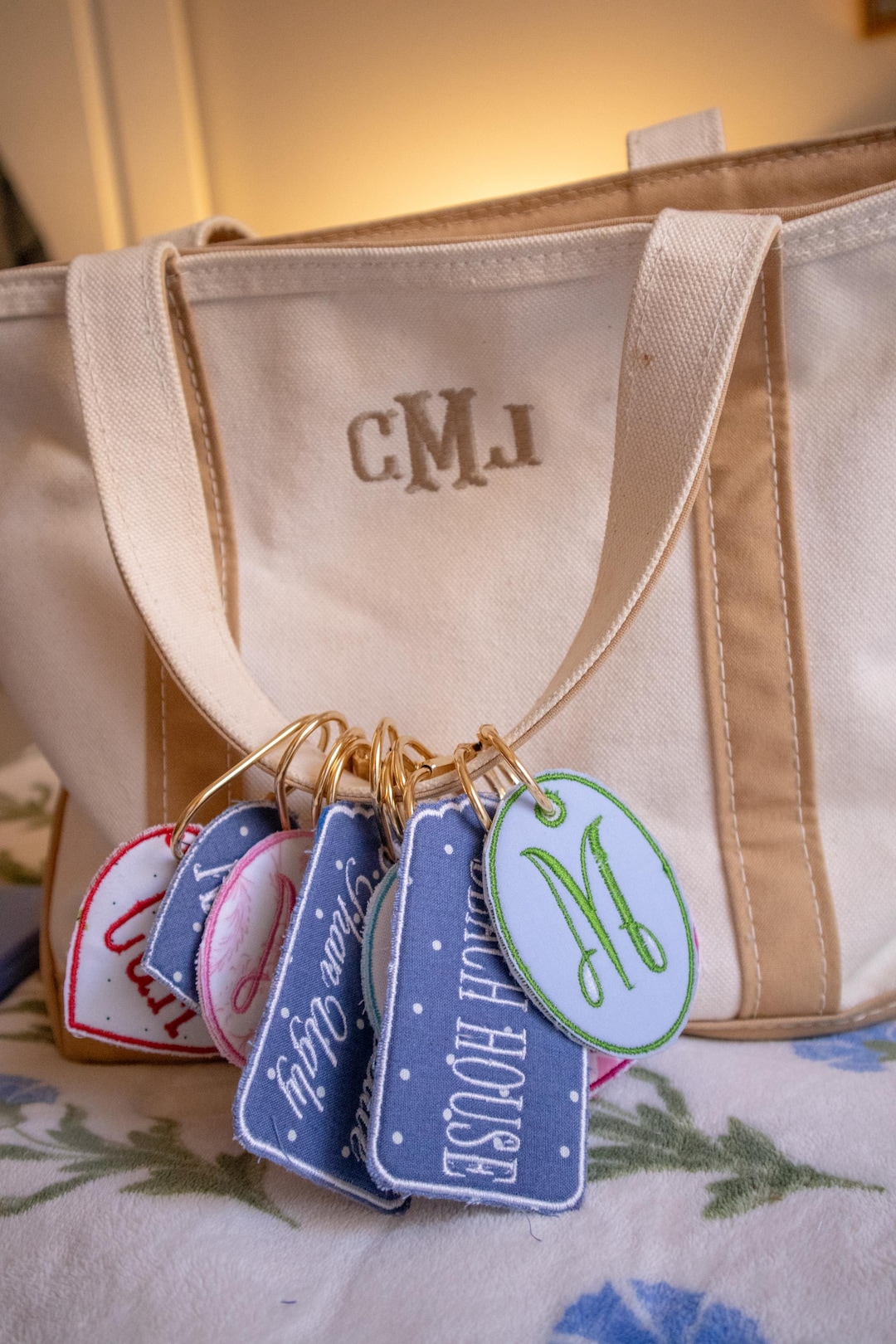 Personalized Embroidered Bag Charm | Custom Initial Keychain | Gold ...