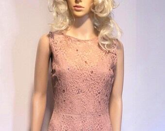 Vintage 1950s Lace Dress with Slip, Nude/Dusty Pink, Women's Dress, Eveningwear
