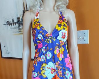 1970s Floral Maxi Dress: Vintage Sleeveless Halter, Open Back, USA