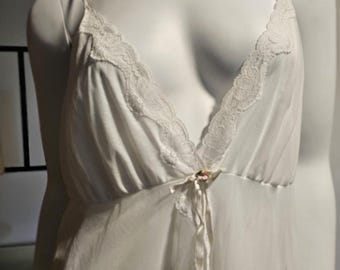 Vintage 1970s  Nightgown Slip Full Length Lined Lace Accent By Dominique  White