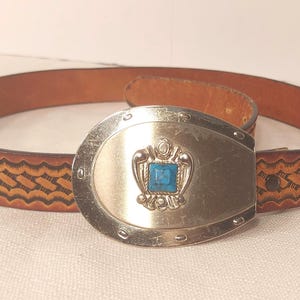 Vintage Southwestern Horse Head & Cowboy Boots Brass Belt Buckle Turquoise Inlay Vtg. 1950 main image 4