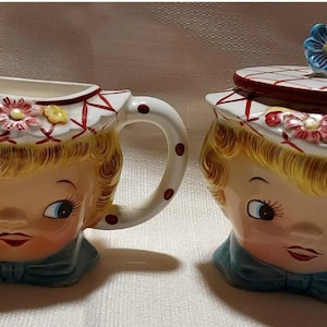 Vintage 1950&#39;s Ceramic Miss Dainty Ceramic Creamer And Sugar Bowl EDS (Made In Canada) Lefton Made In The USA) 6820 Hand painted Collectible