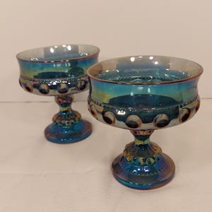 Vintage Indiana Carnival Glass Candy Dish  Decorative Kings Crown Pattern Thumbprint Design Iridescent Blue Indiana Glass