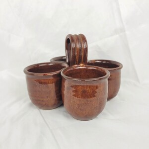 Vintage Creative Stoneware La Mesa USA Quad Condiment Caddy, 1970s Brown Drip Glaze Ceramic Four-Bowl Server, Hand Thrown Studio Pottery