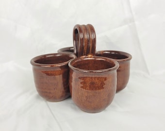 Vintage Creative Stoneware La Mesa USA Quad Condiment Caddy, 1970s Brown Drip Glaze Ceramic Four-Bowl Server, Hand Thrown Studio Pottery